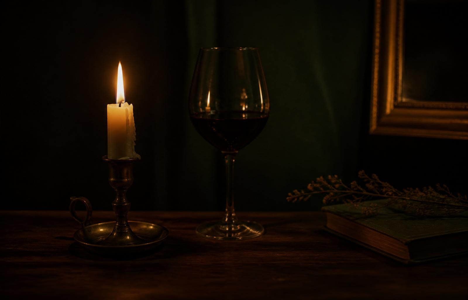 Vela acesa ao lado de uma taça, em silêncio