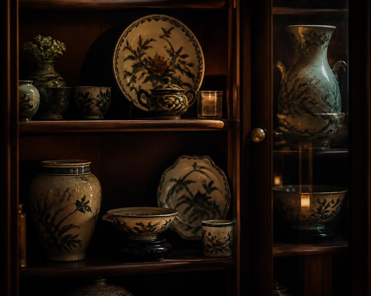 Cristaleira com porcelanas autorais pintadas à mão